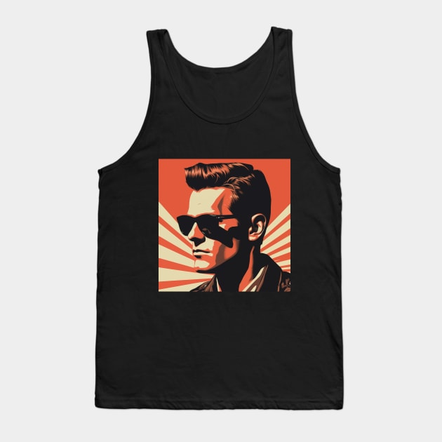 Vector Vintage Red Illustration – 1950s Gentleman with Dark Shades and Fashionable Hairstyle Amid Vintage Sunbeams. Tank Top by Art KateDav